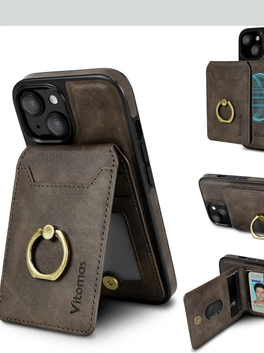 3/$20 - Vitomas Brown Leather Wallet Ring iPhone 15 Case